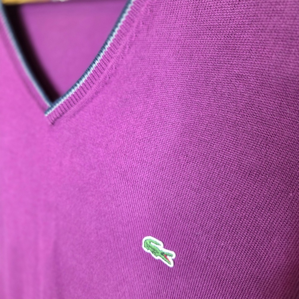 Lacoste Mens V-Neck Sweater Purple 100% Cotton Knit Logo Pullover XXL - Picture 3 of 6